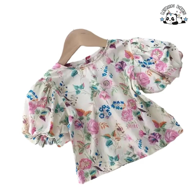 LEZONKIDS - Customized Girls' Clothing Sets Cute Girls Puff Sleeve Top and Denim Shorts Suit